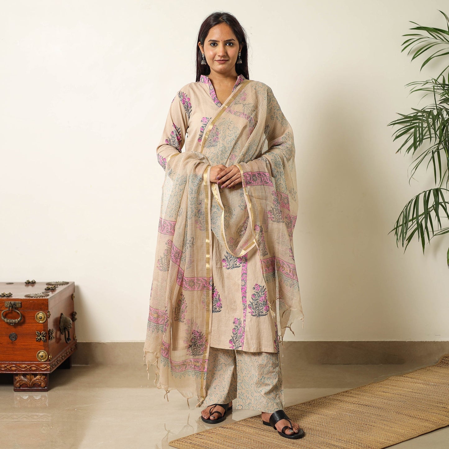 Buy Sanganeri Block Printed Cotton Kurta with Palazzo & Dupatta Set 01 Online at iTokri.com