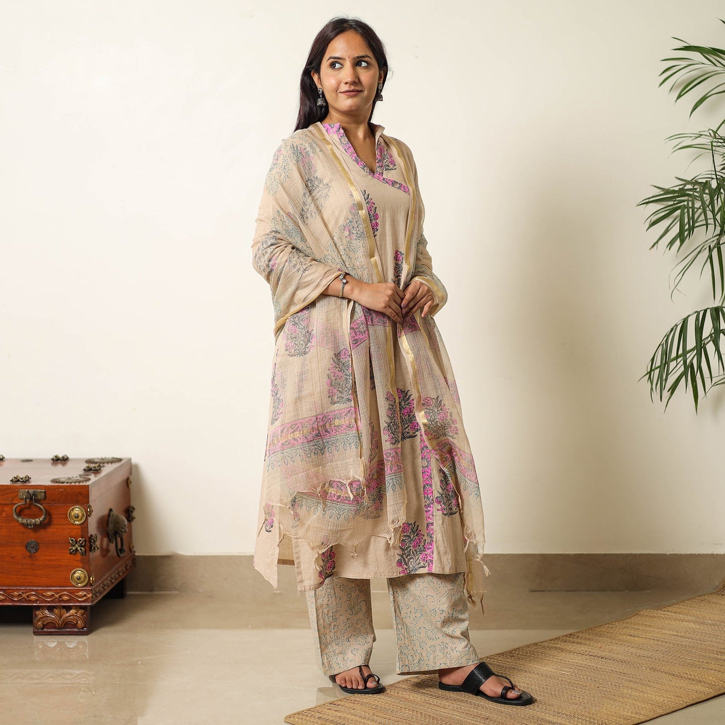 Buy Sanganeri Block Printed Cotton Kurta with Palazzo & Dupatta Set 01 Online at iTokri.com