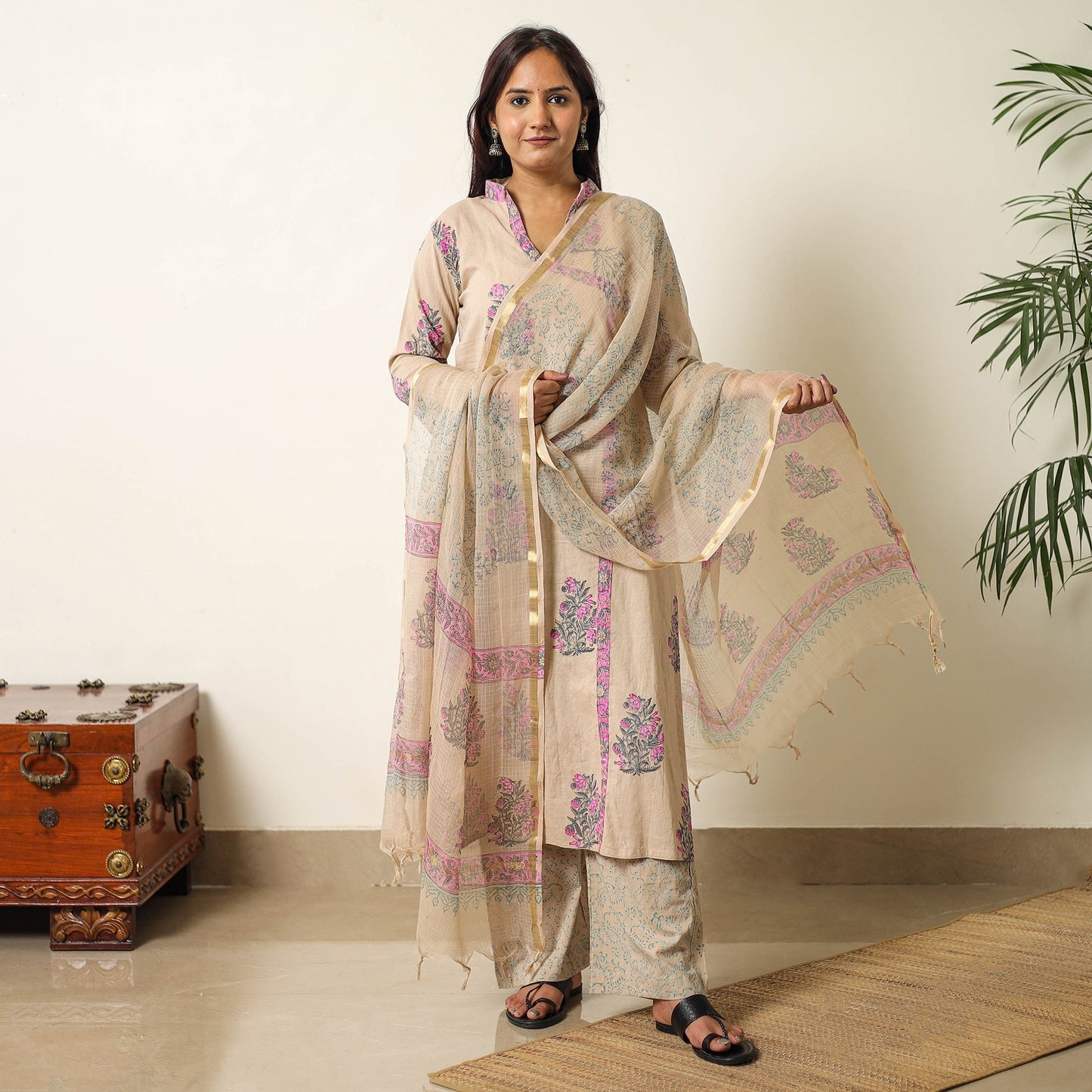 Buy Sanganeri Block Printed Cotton Kurta with Palazzo & Dupatta Set 01 Online at iTokri.com