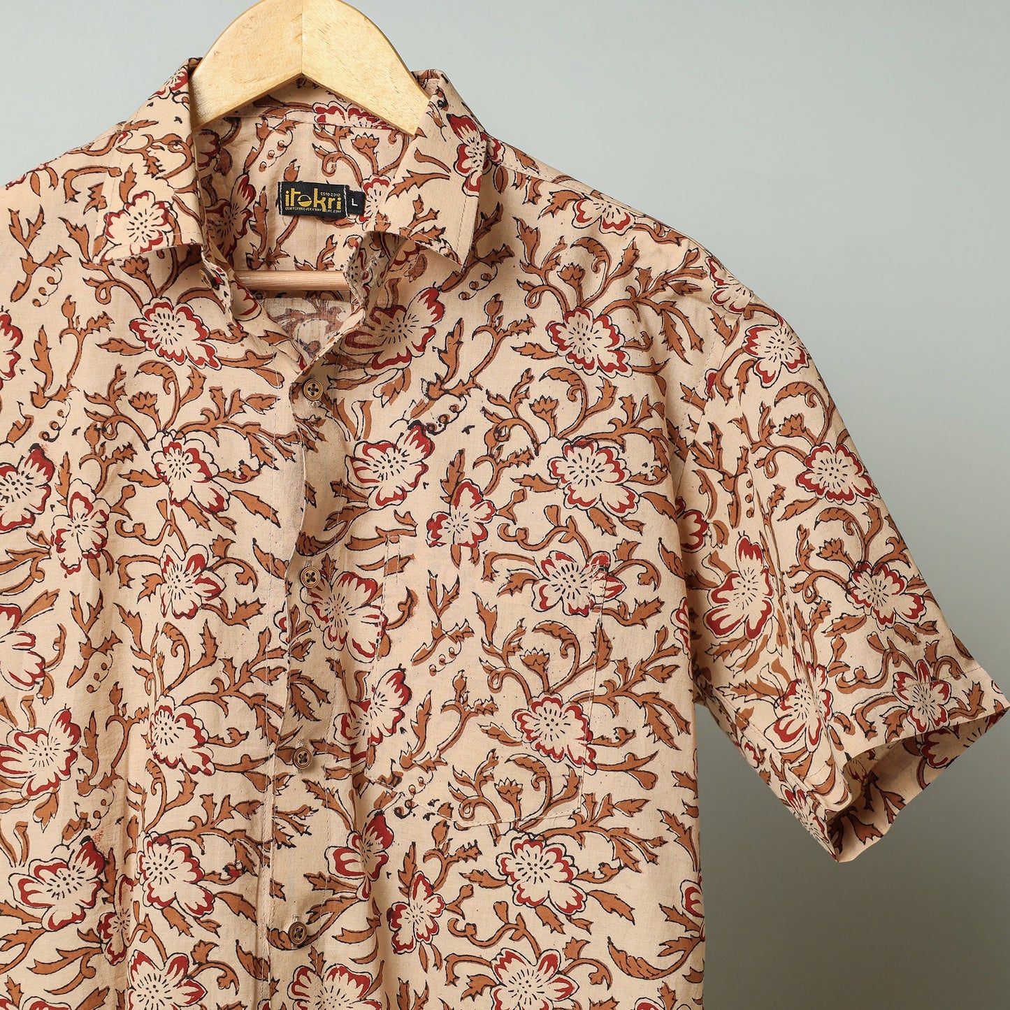 Brown - sanganeri block printed cotton men half sleeve