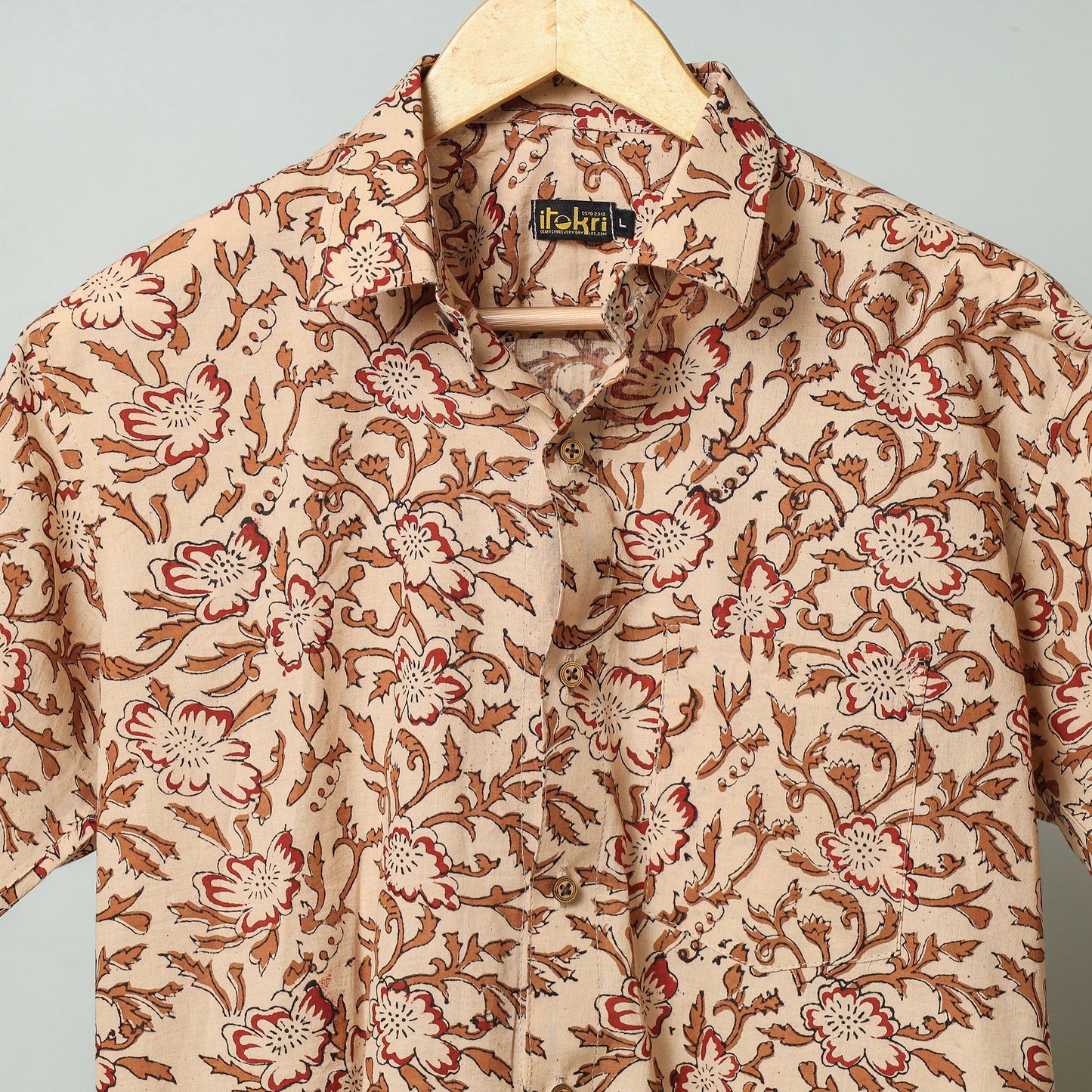 Brown - sanganeri block printed cotton men half sleeve