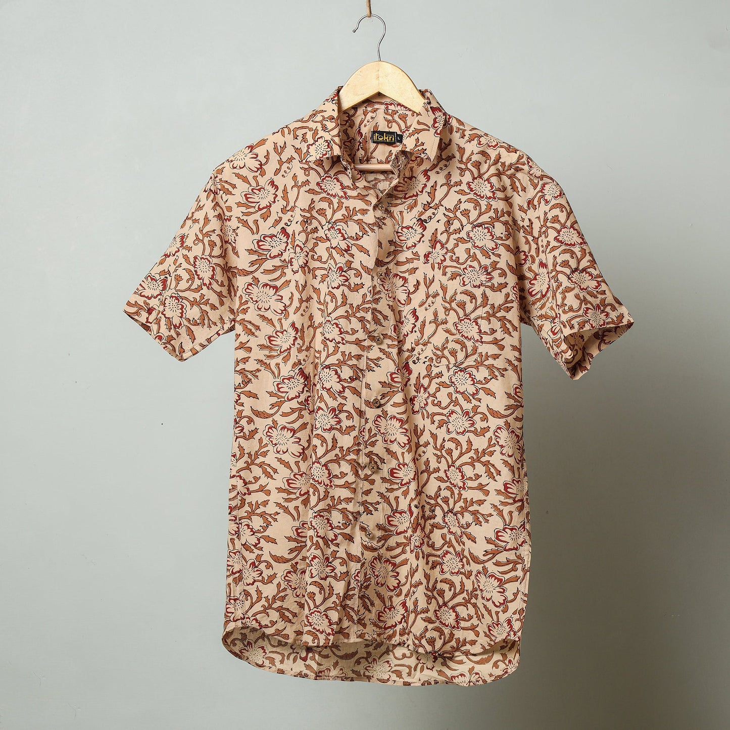 Brown - sanganeri block printed cotton men half sleeve