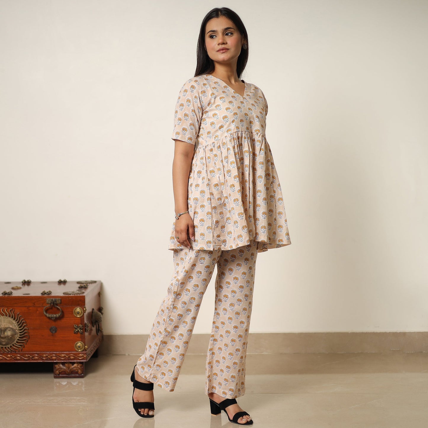 Brown - sanganeri block printed cotton co-ord set 20