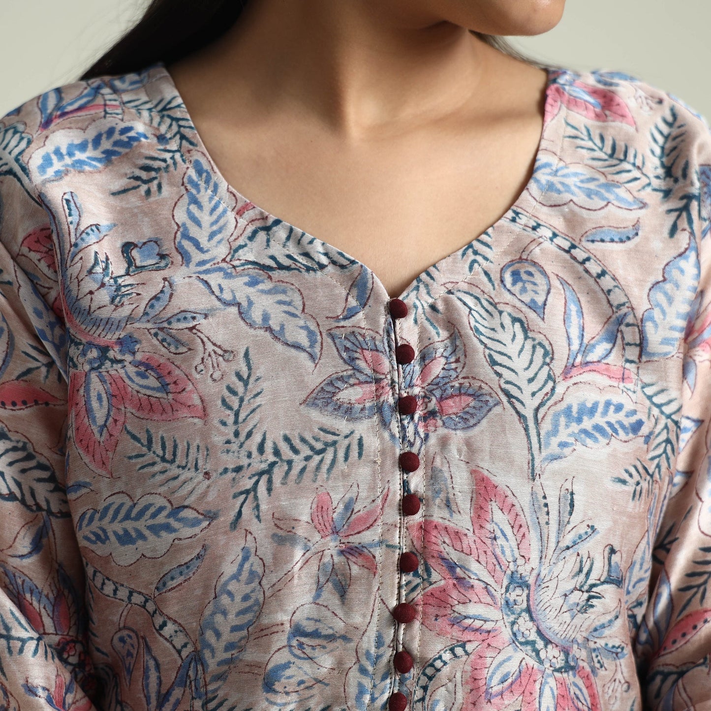  Sanganeri Block Printed Maheshwari Silk Kurta with Palazzo & Dupatta Set 