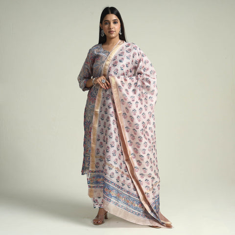  Sanganeri Block Printed Maheshwari Silk Kurta with Palazzo & Dupatta Set 