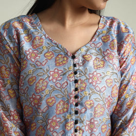 Brown - Sanganeri Block Printed Maheshwari Silk Kurta with Palazzo & Dupatta Set