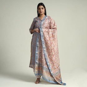 Brown - Sanganeri Block Printed Maheshwari Silk Kurta with Palazzo & Dupatta Set