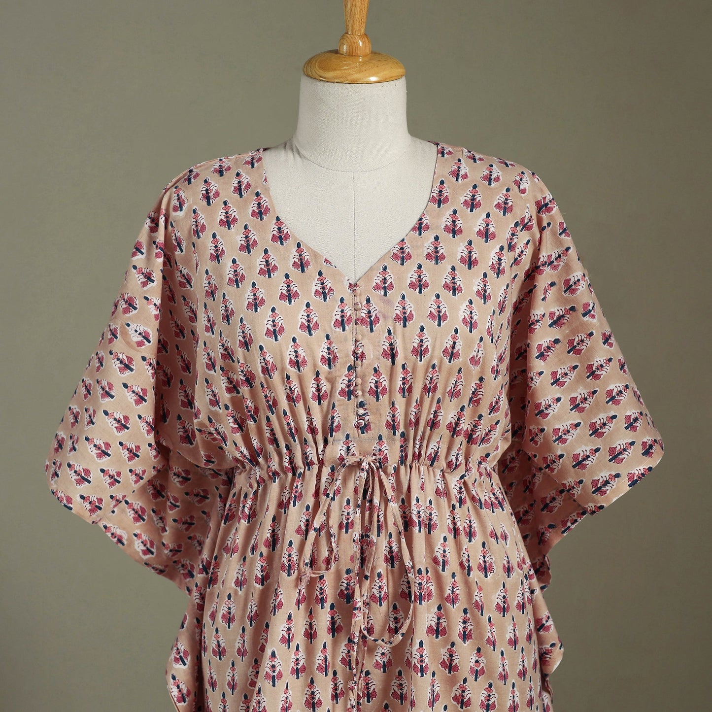 Peach Sanganeri Block Print Cotton Kaftan (Medium) 