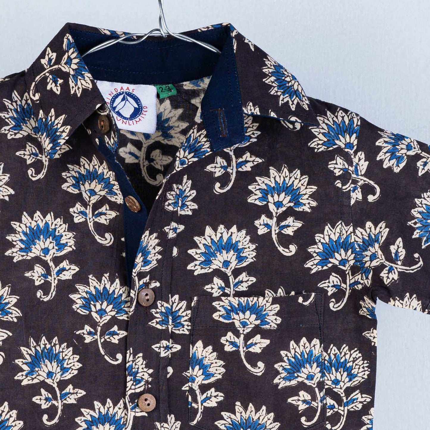 Brown Sanganeri Block Printed Cotton Half-Sleeve Kids Shirt