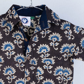 Brown Sanganeri Block Printed Cotton Half-Sleeve Kids Shirt