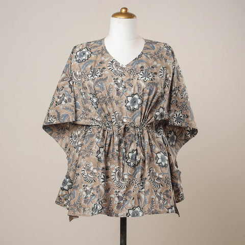 Brown - Sanganeri Printed Cotton Kaftan with Tie-Up Waist (Short)
