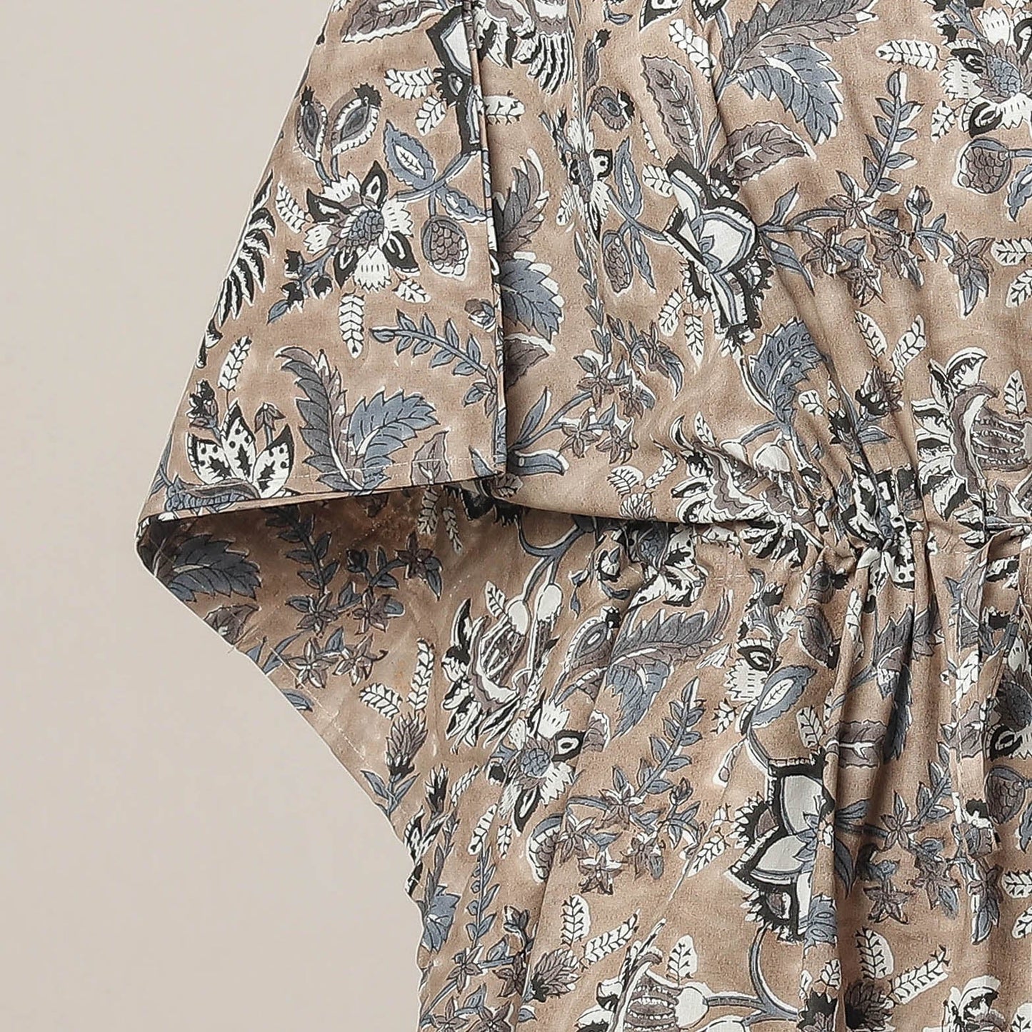 Brown - Sanganeri Printed Cotton Kaftan with Tie-Up Waist (Short)