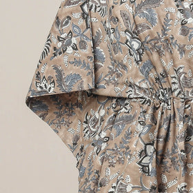 Brown - Sanganeri Printed Cotton Kaftan with Tie-Up Waist (Short)