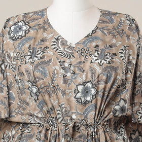 Brown - Sanganeri Printed Cotton Kaftan with Tie-Up Waist (Short)