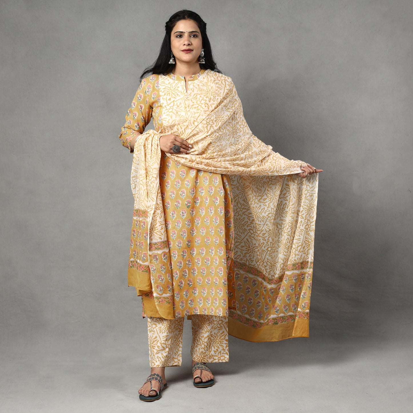 Buy Sanganeri Block Printed Cotton Kurta with Palazzo & Dupatta Set Online at iTokri.com