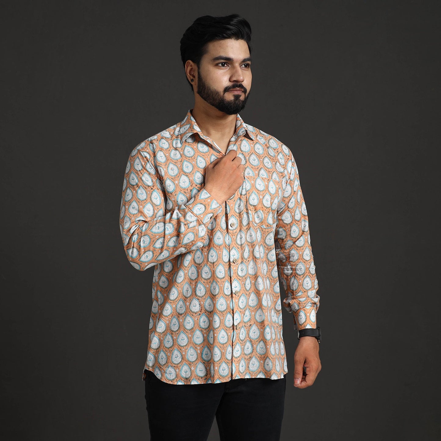 Brown Sanganeri Block Printed Cotton Men Full Sleeve Shirt 
