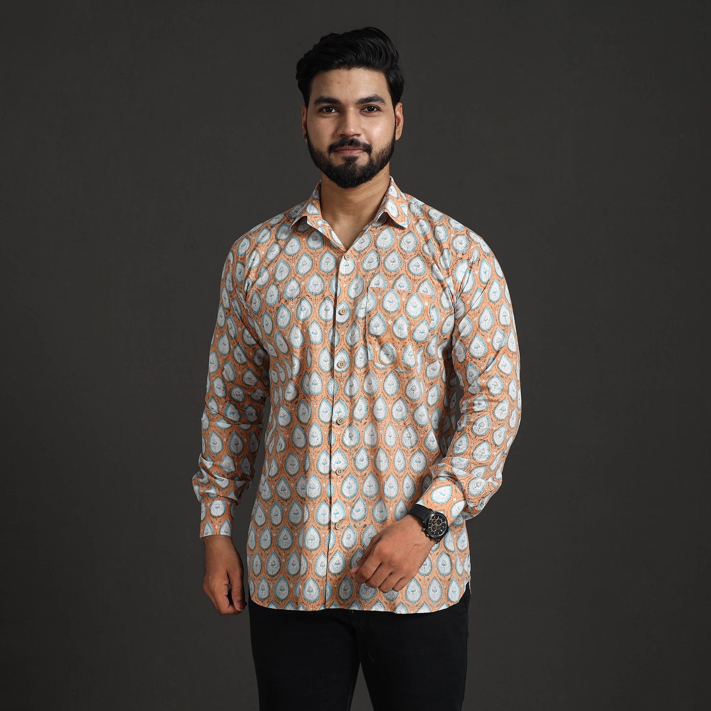 Brown Sanganeri Block Printed Cotton Men Full Sleeve Shirt 