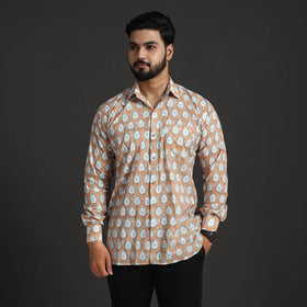 Brown Sanganeri Block Printed Cotton Men Full Sleeve Shirt 