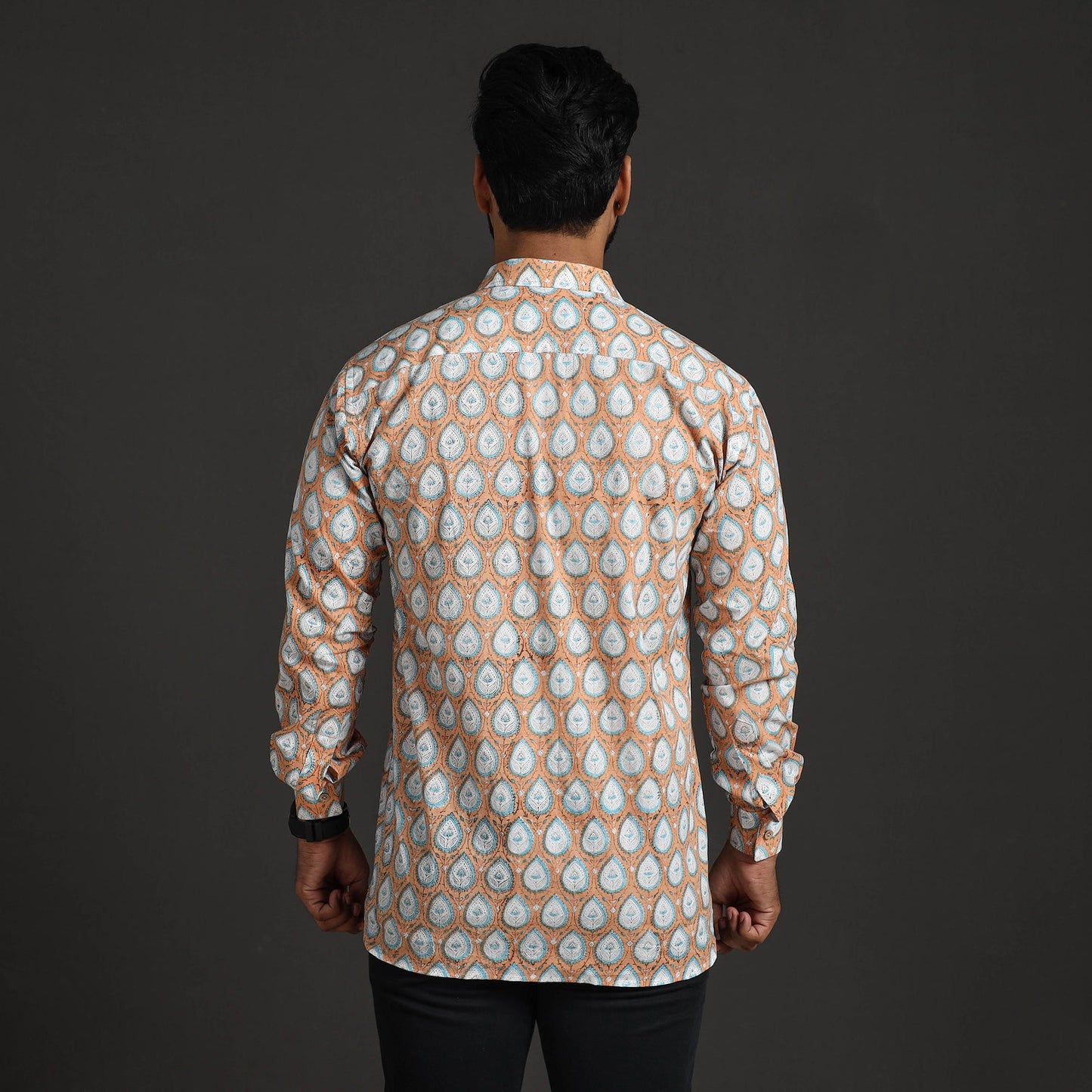 Brown Sanganeri Block Printed Cotton Men Full Sleeve Shirt 