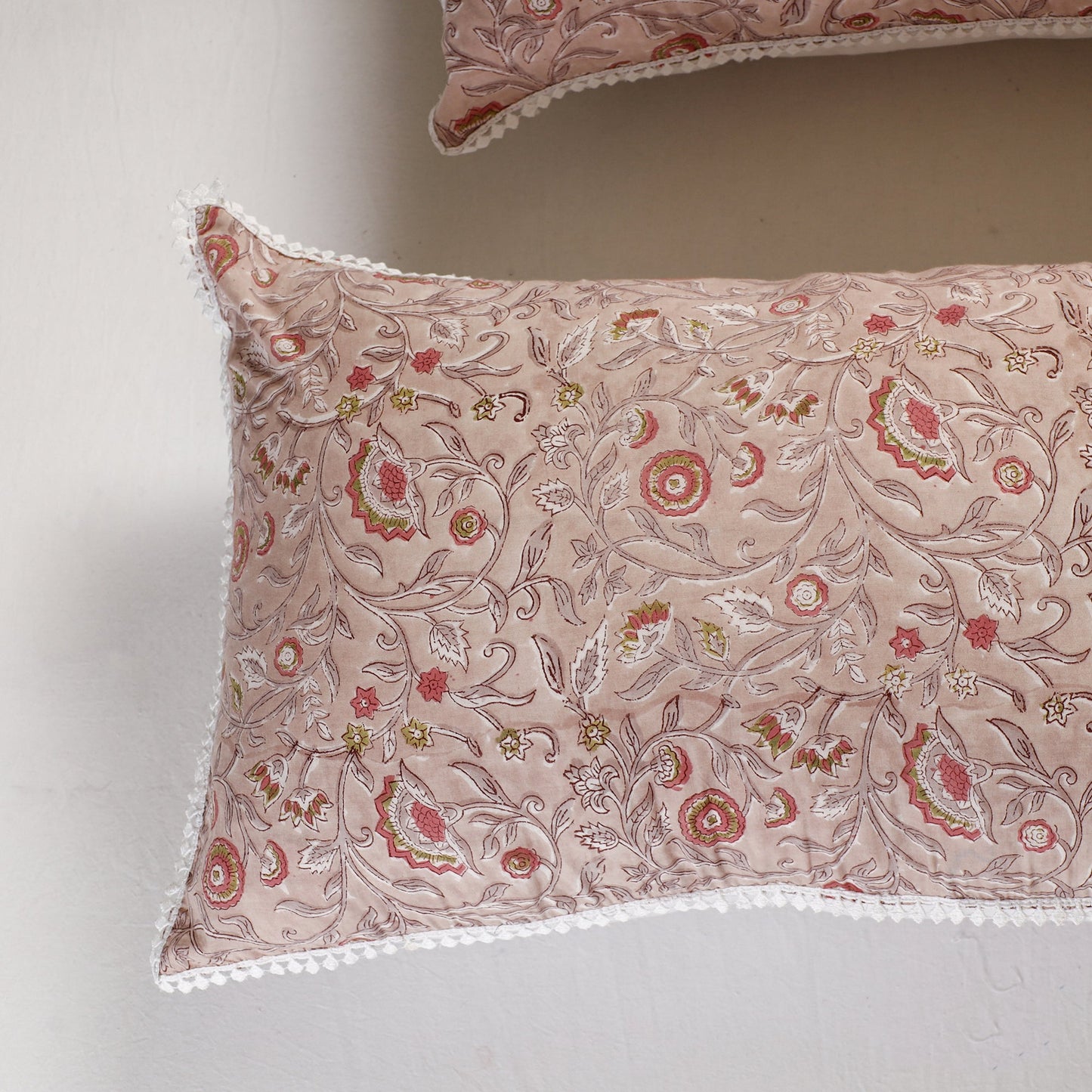 BuySanganeri Block Printed Cotton Pillow Cover With Lace (26 x 16 in) - Set of 2 