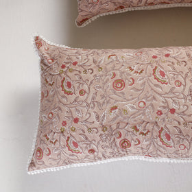 BuySanganeri Block Printed Cotton Pillow Cover With Lace (26 x 16 in) - Set of 2 