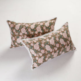  Sanganeri Block Printed Cotton Pillow Cover with Lace (26 x 16 in) - Set of 2 