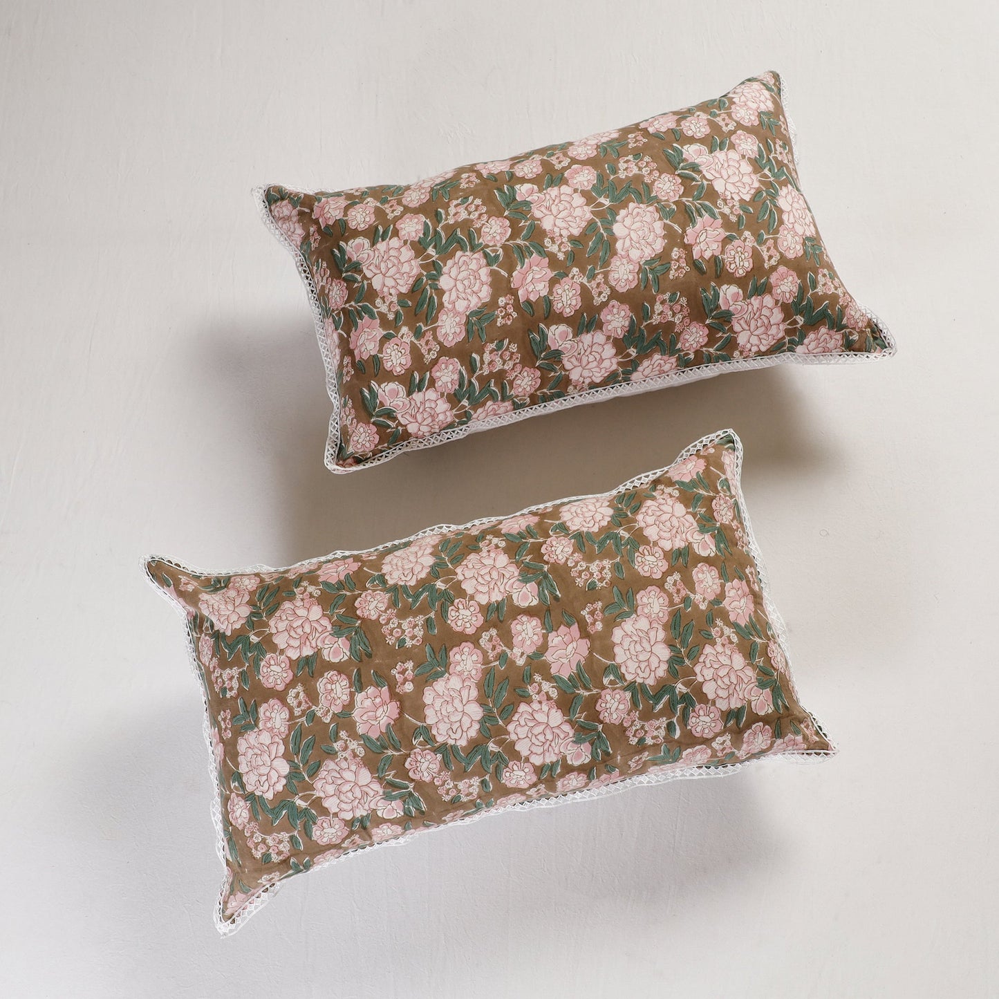 BuySanganeri Block Printed Cotton Pillow Cover With Lace (26 x 16 in) - Set of 2 