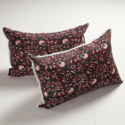  Sanganeri Block Printed Cotton Pillow Cover with Lace (28 x 18 in) - Set of 2 