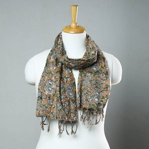 Brown - sanganeri printed cotton stole with tassels 203