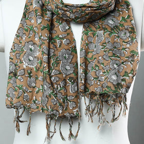 Brown - sanganeri printed cotton stole with tassels 203