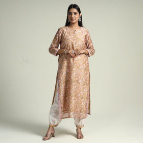  Sanganeri Block Printed Maheshwari Silk Kurta with Palazzo & Dupatta Set 
