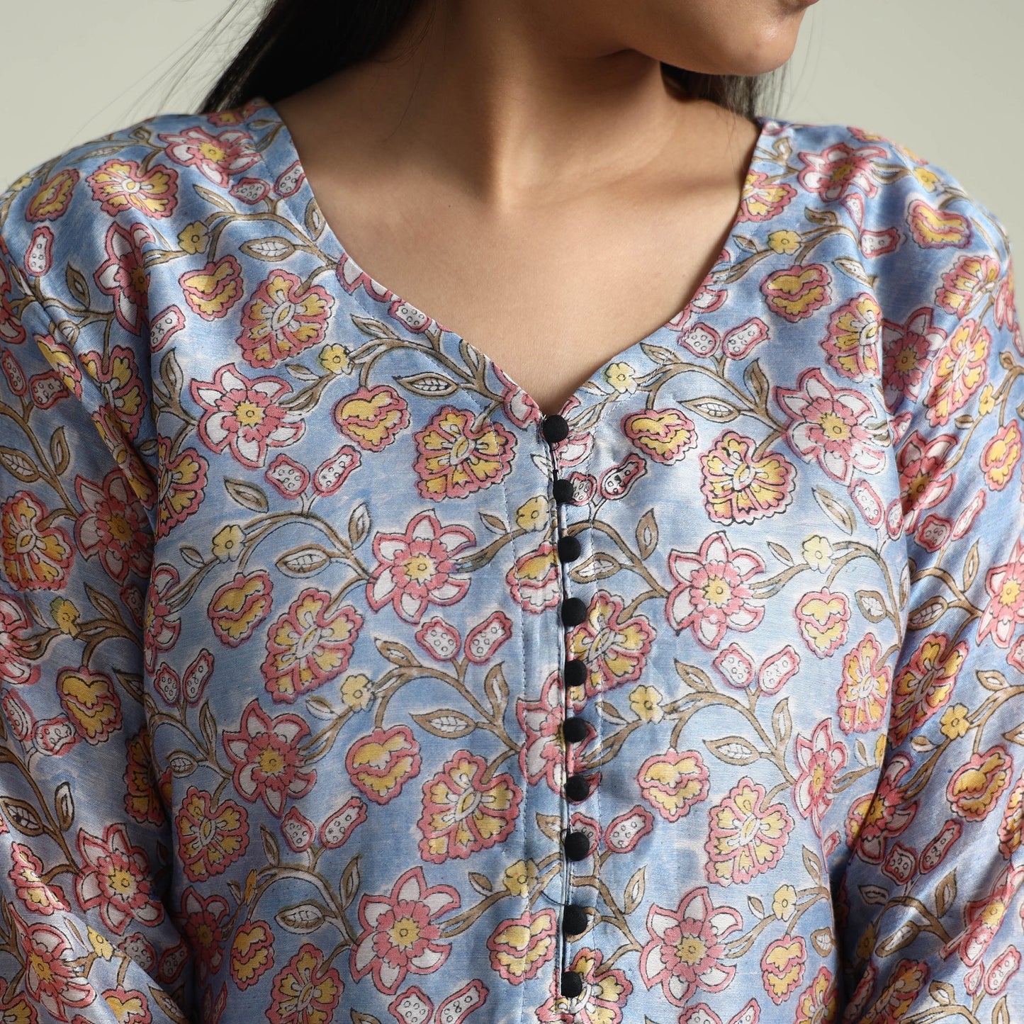 Brown - Sanganeri Block Printed Maheshwari Silk Kurta with Palazzo & Dupatta Set