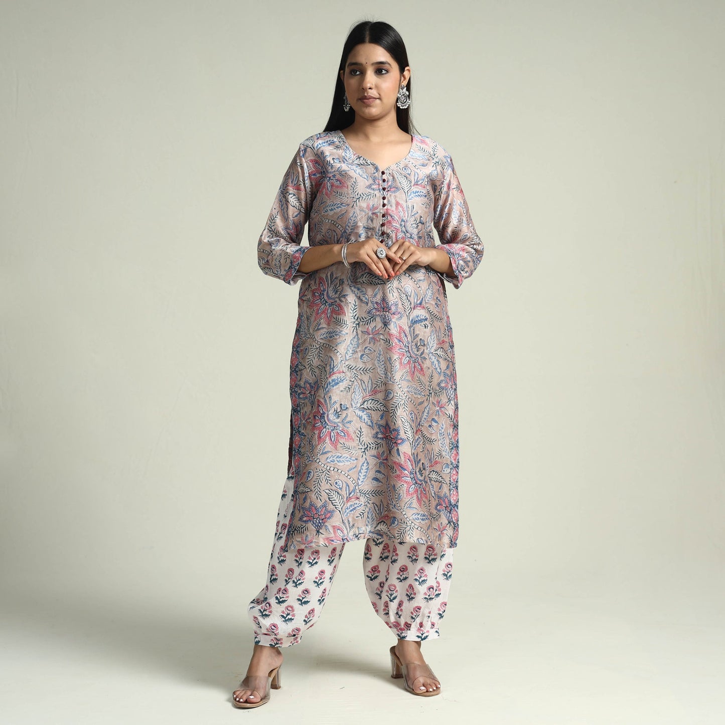  Sanganeri Block Printed Maheshwari Silk Kurta with Palazzo & Dupatta Set 