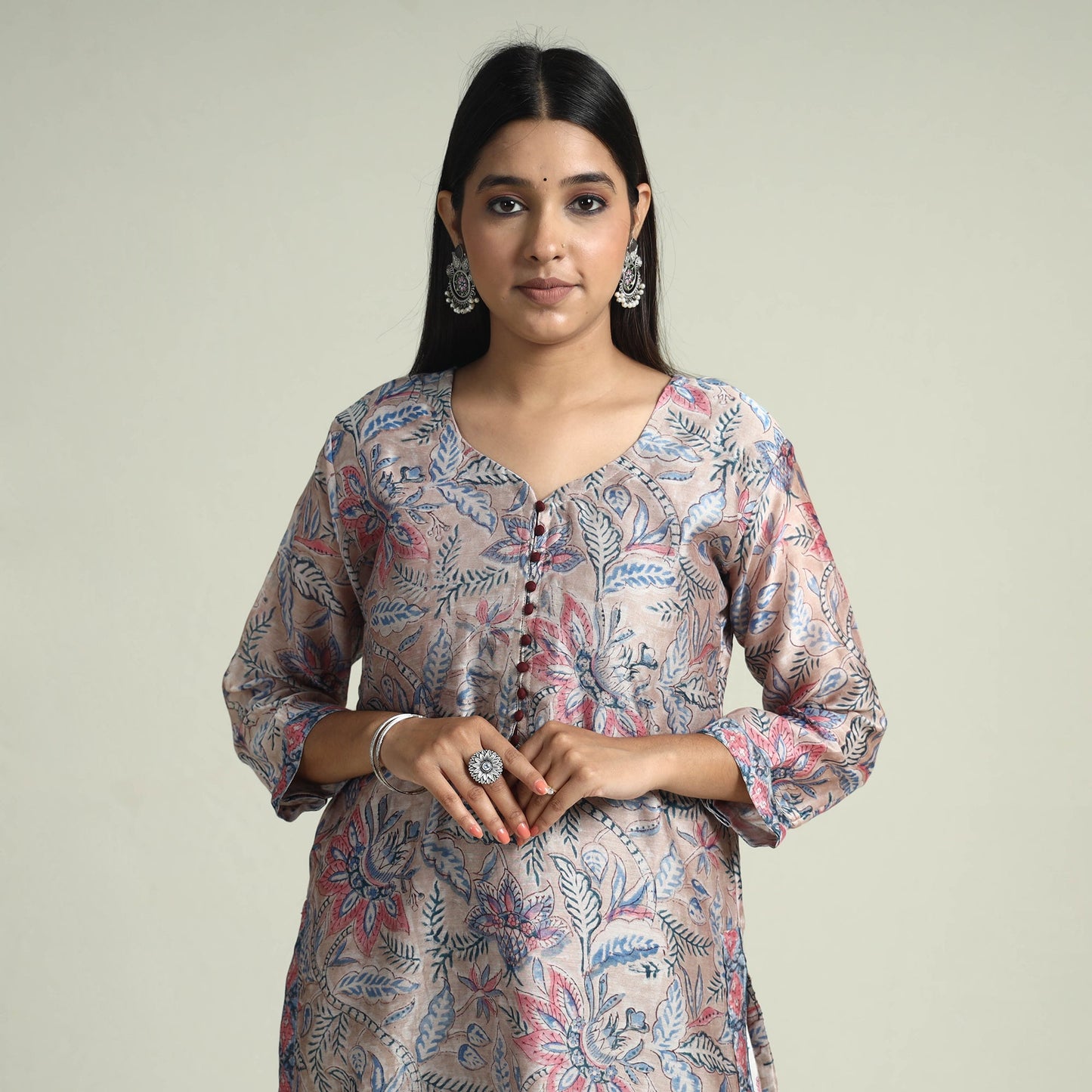  Sanganeri Block Printed Maheshwari Silk Kurta with Palazzo & Dupatta Set 