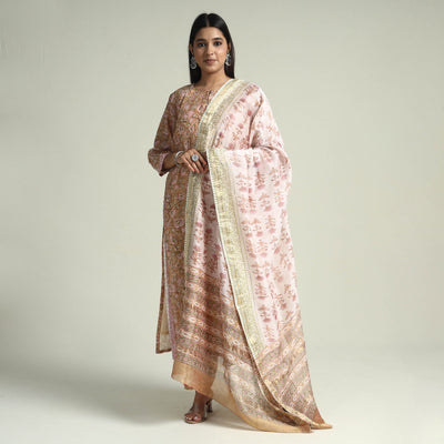  Sanganeri Block Printed Maheshwari Silk Kurta with Palazzo & Dupatta Set 