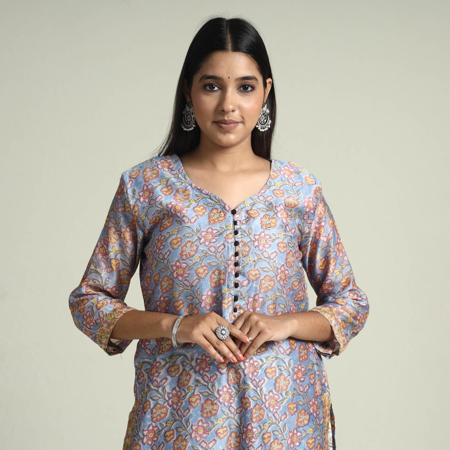 Brown - Sanganeri Block Printed Maheshwari Silk Kurta with Palazzo & Dupatta Set