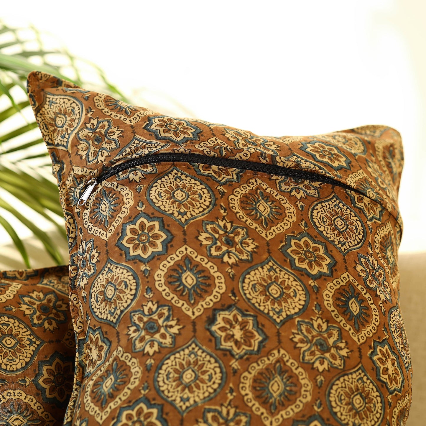 Buy Set of 2 Brown Ajrakh Block Print Cotton Pillow Covers