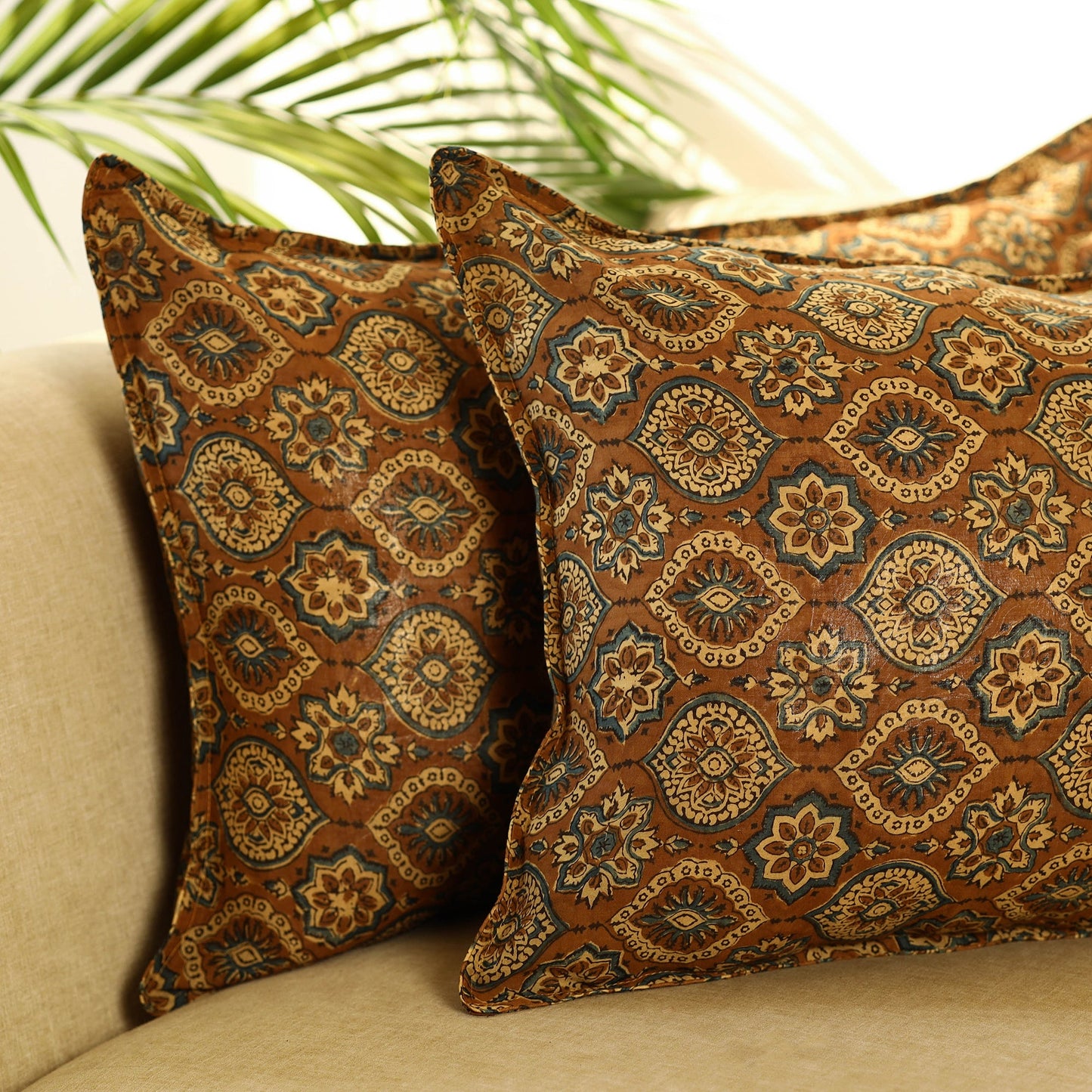 Buy Set of 2 Brown Ajrakh Block Print Cotton Pillow Covers