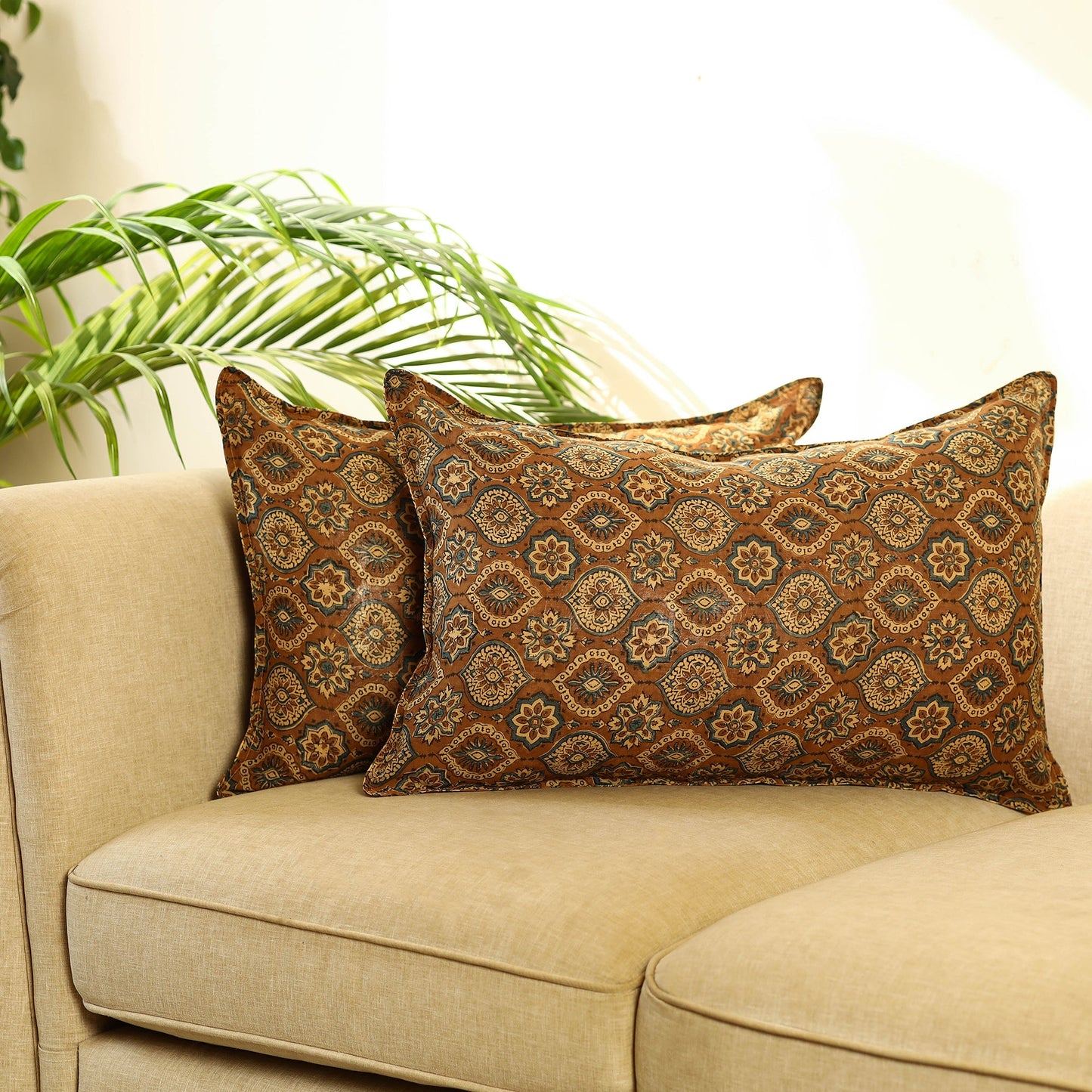 Buy Set of 2 Brown Ajrakh Block Print Cotton Pillow Covers