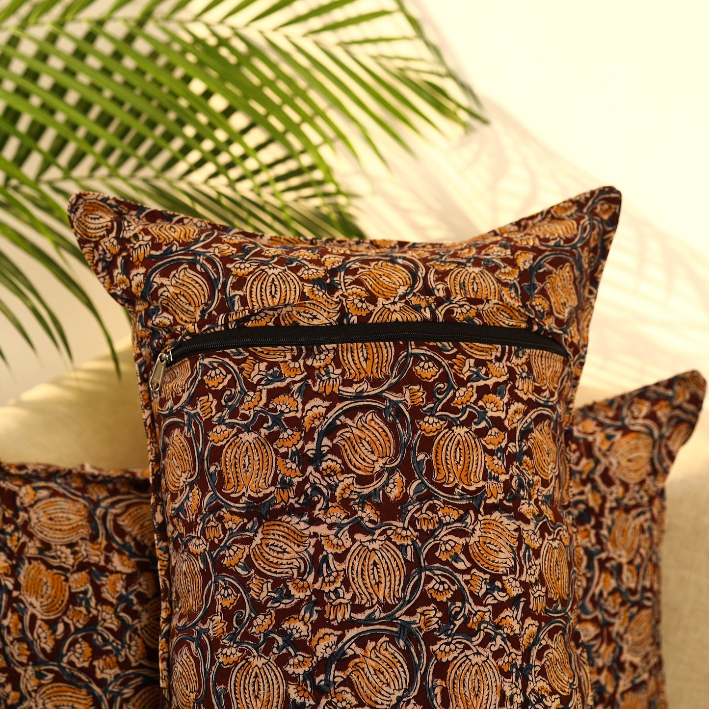 Buy Set of 2 Brown Kalamkari Block Print Cotton Pillow Covers