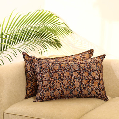 Buy Set of 2 Brown Kalamkari Block Print Cotton Pillow Covers
