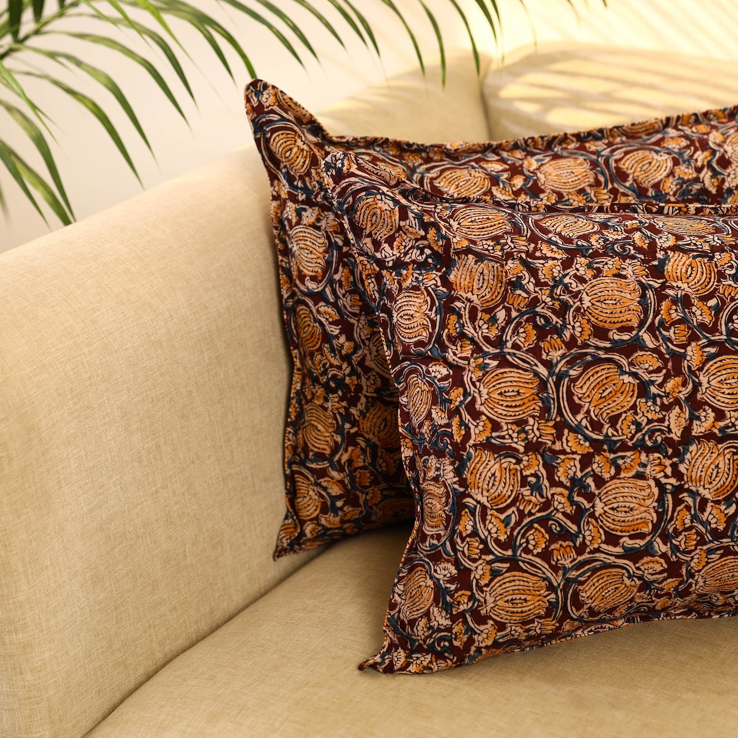Buy Set of 2 Brown Kalamkari Block Print Cotton Pillow Covers
