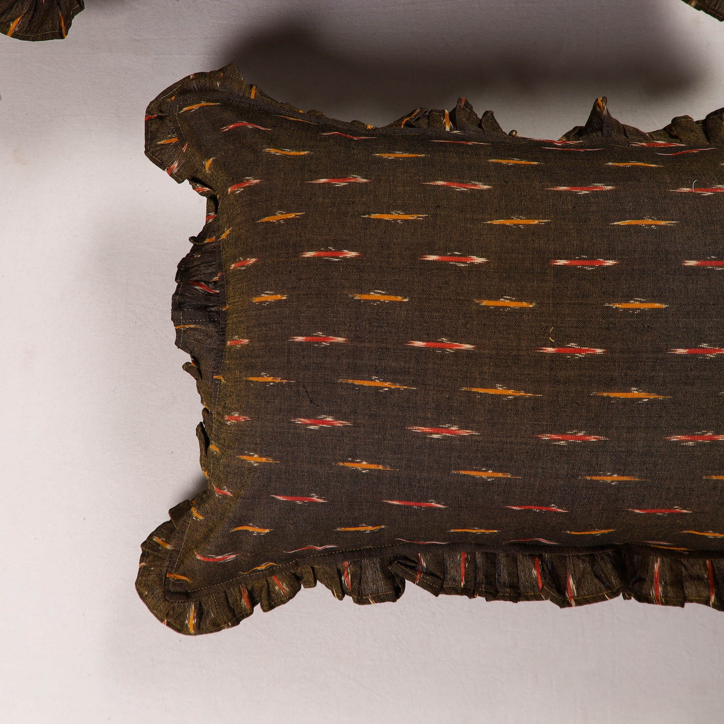 Brown Set of 2 Pochampally Ikat Cotton Frill Pillow Covers