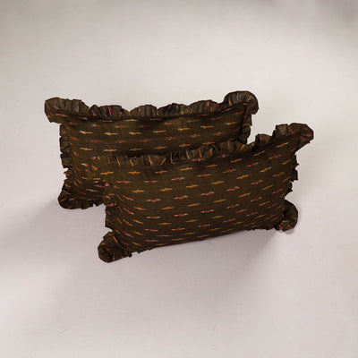 Brown Set of 2 Pochampally Ikat Cotton Frill Pillow Covers