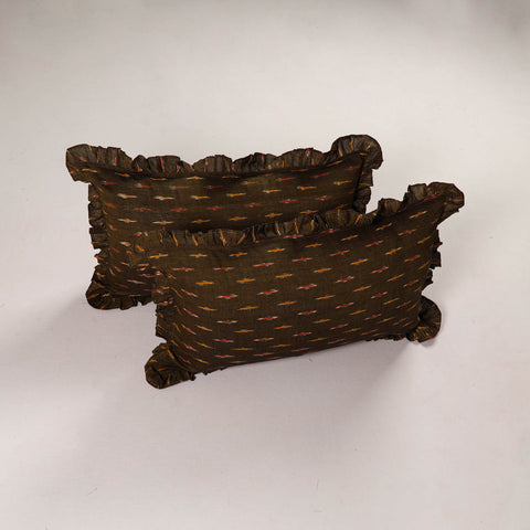 Brown Set of 2 Pochampally Ikat Cotton Frill Pillow Covers