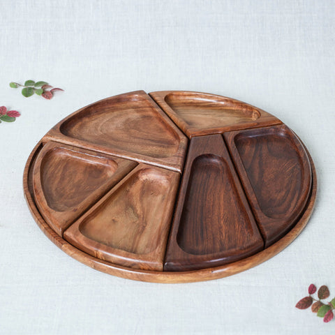 Brown Sheesham Wood Segmented Snacks Platter / Serving Tray 