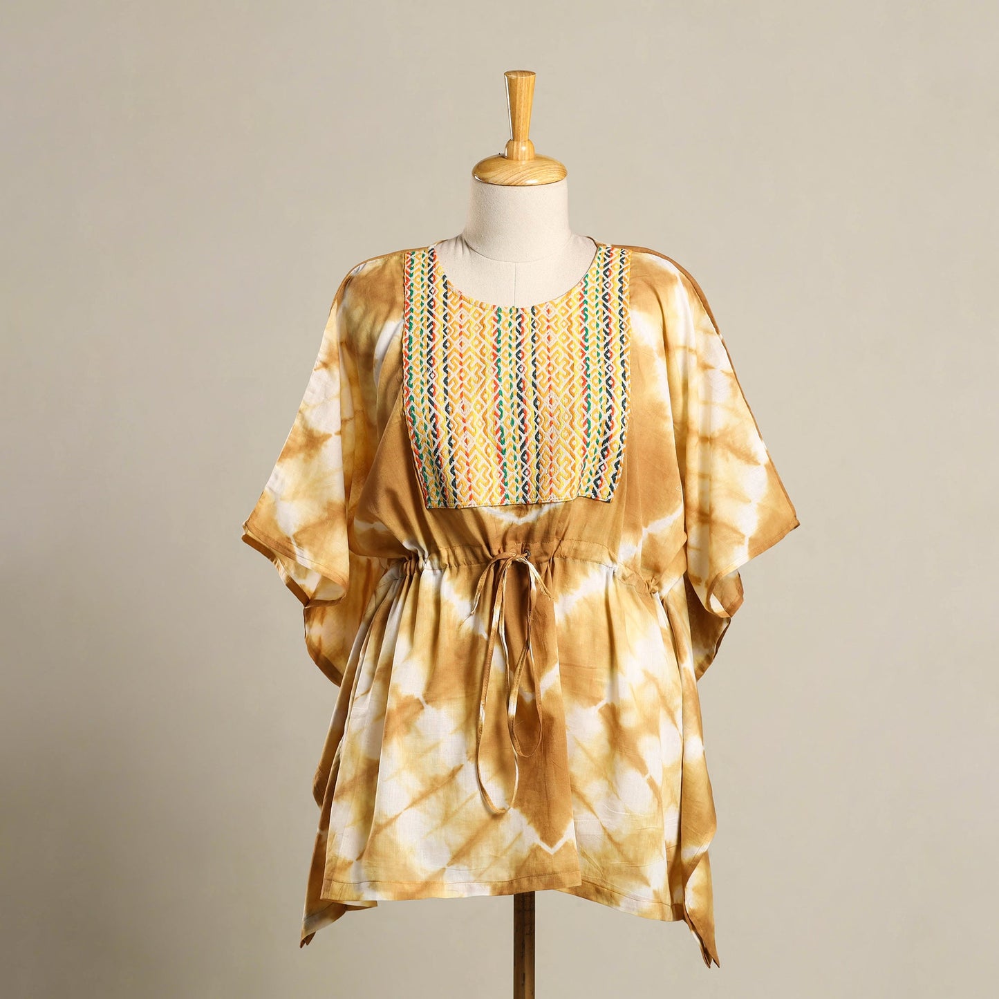 Brown Shibori Jacquard Mosaic Fusion Cotton Kaftan (Short)