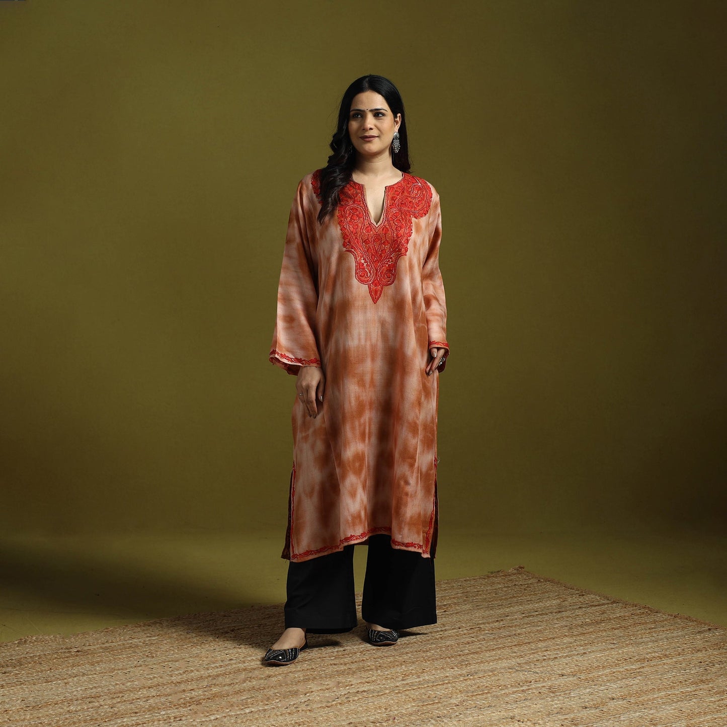 Brown - shibori tie-dye aari hand embroidery kashmiri wool