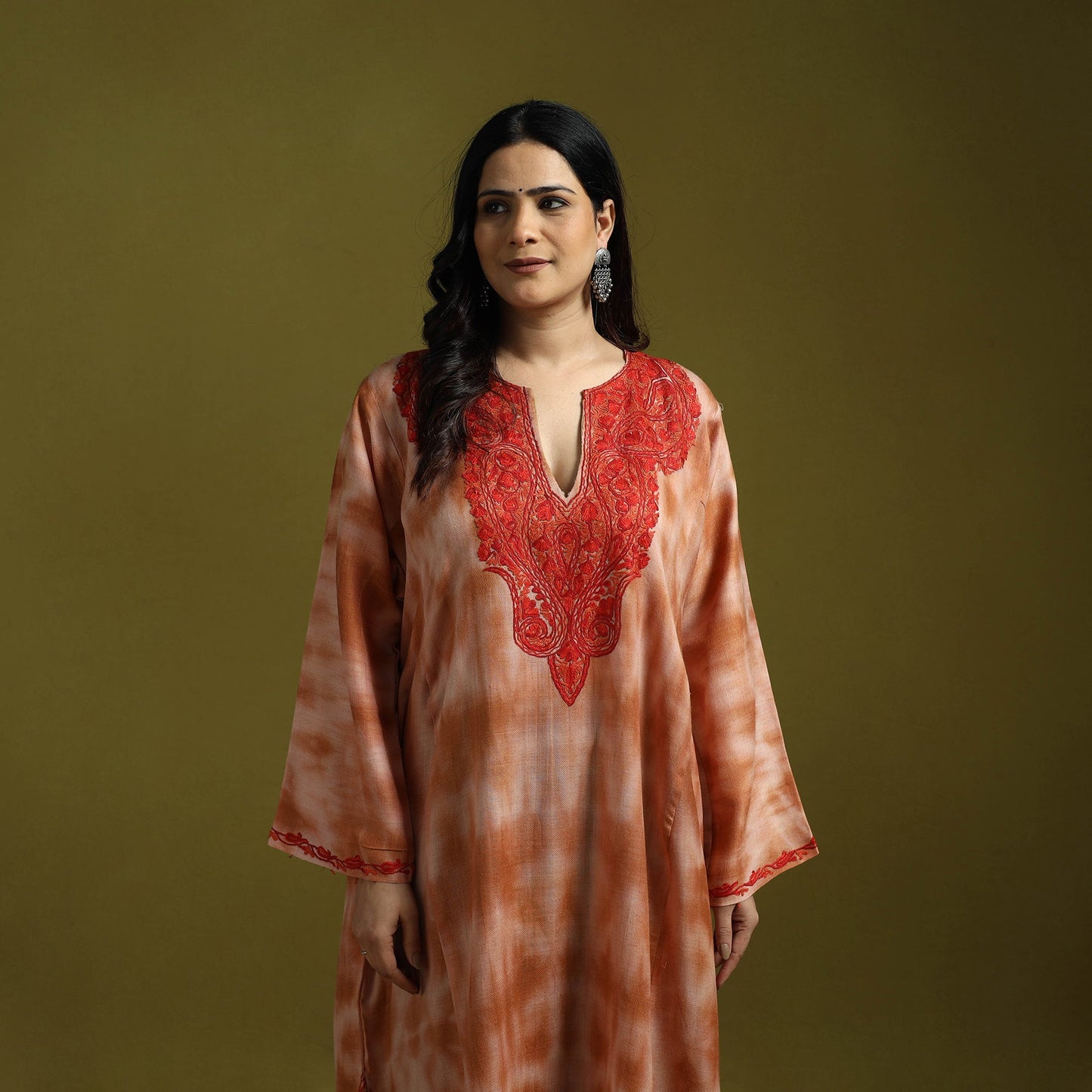 Brown - shibori tie-dye aari hand embroidery kashmiri wool