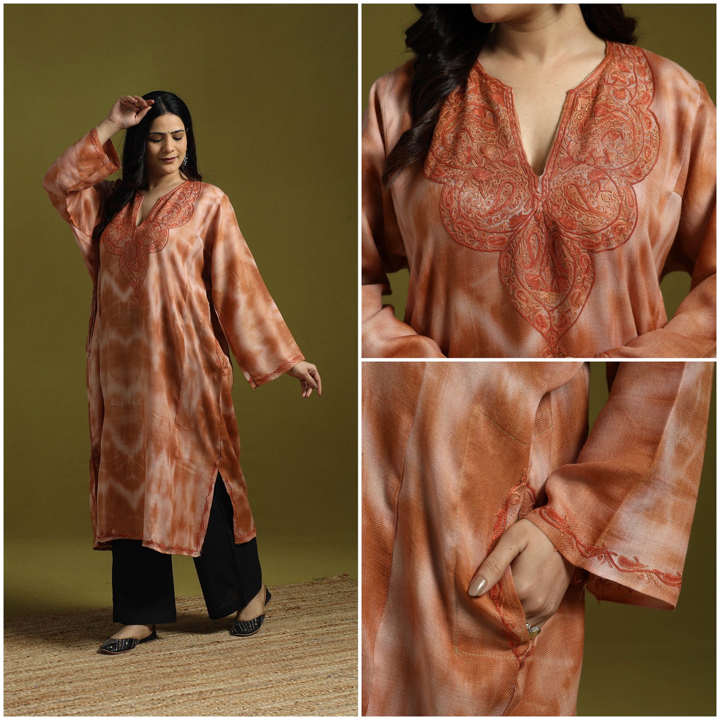 Brown - shibori tie-dye aari hand embroidery kashmiri wool